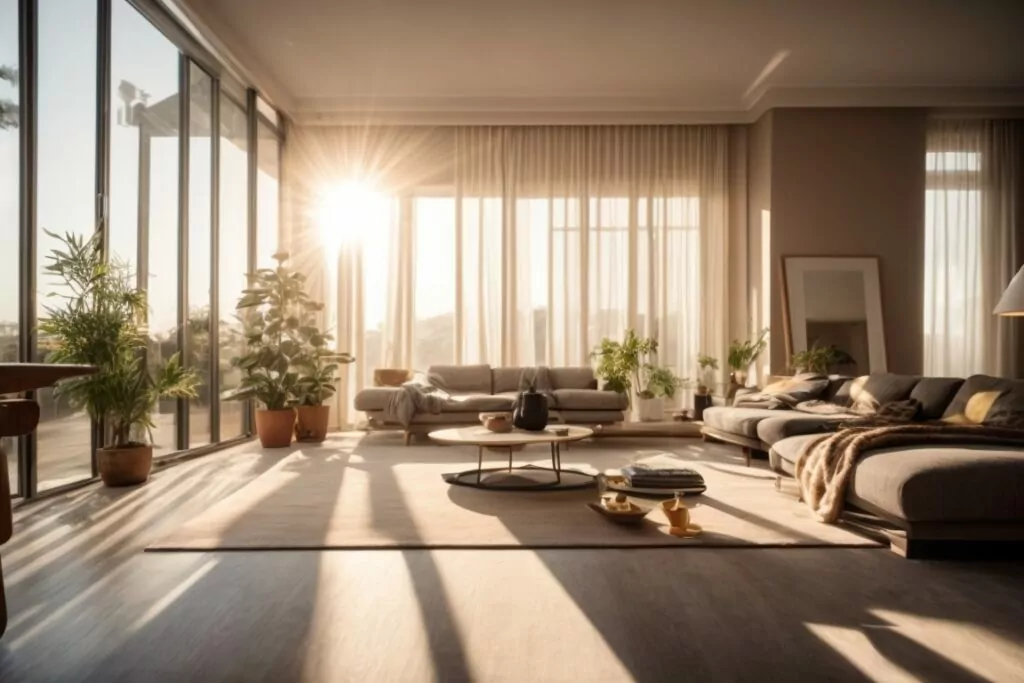 Interior cozy living room with sunlight passing through UV window film