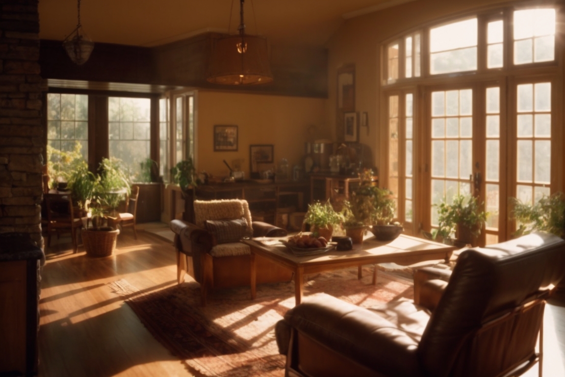 Cozy home interior with sunlight filtering through tinted windows